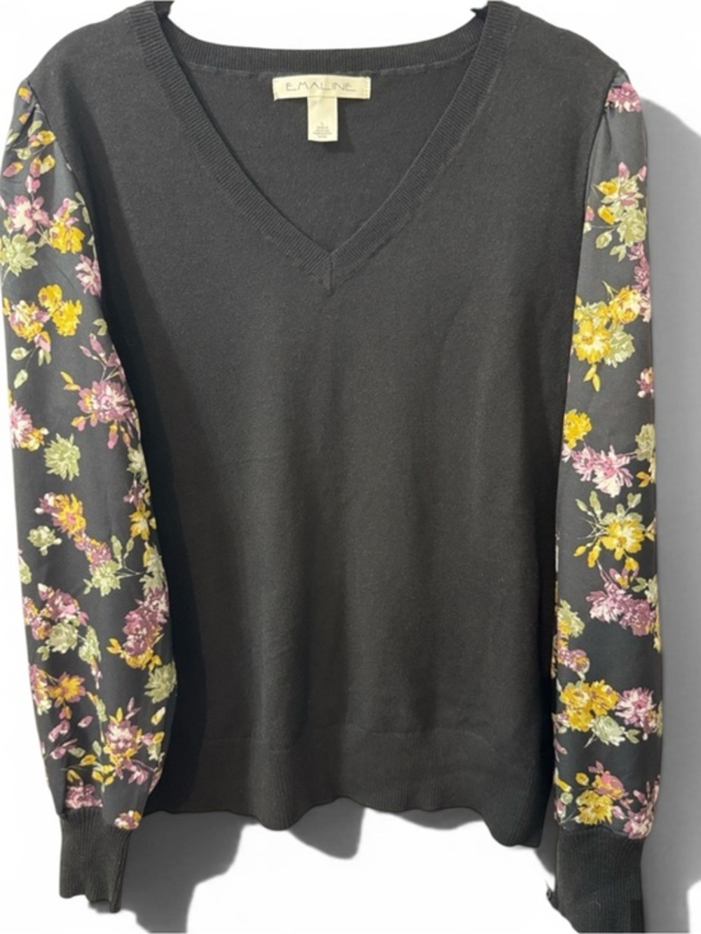 Emaline Black V-Neck Sweater with Floral Silky Puff Sleeves - Size Large